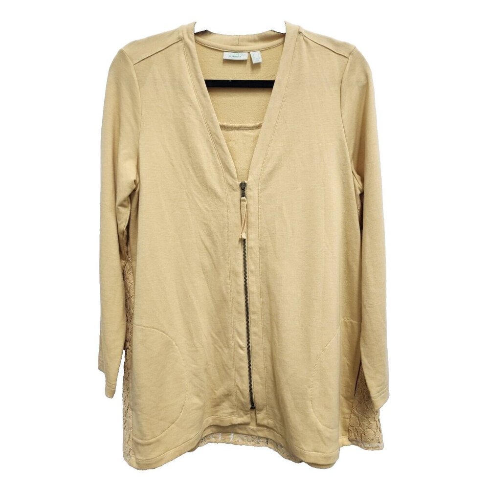 LOGO Lounge Womens Lagenlook BOHO Cardigan Medium Yellow Zip Front Lace Back